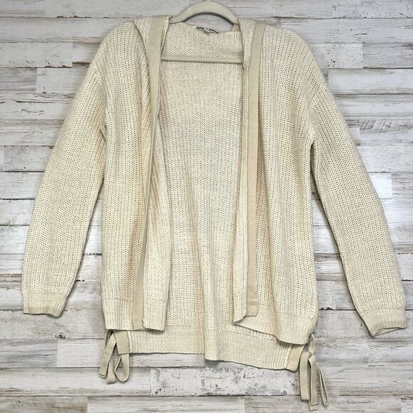 MORAL FIBER Women's Sweater Cardigan Long Sleeve Open Front Medium Ivory Hooded - Picture 1 of 11